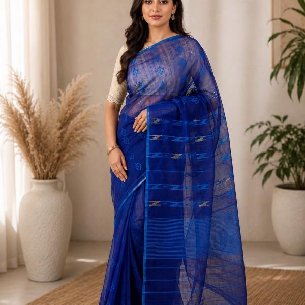 Dhakai Jamdani Elegant Royal Blue Saree