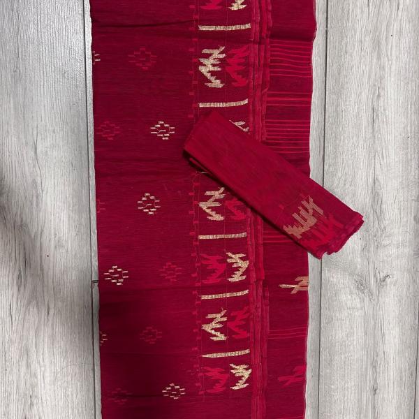 Dhakai Jamdani Classic Crimson Red  Saree with Blouse Piece
